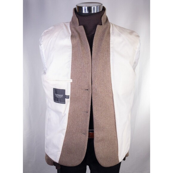 Topman Herringbone Beige Blazer Sport Coat Jacket Size 42R 3-Button Extra Slim - Picture 10 of 15